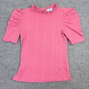 Preppy CeCe Pink Ruffle Mock Neck Puff Sleeve Ribbed Knit Top XS